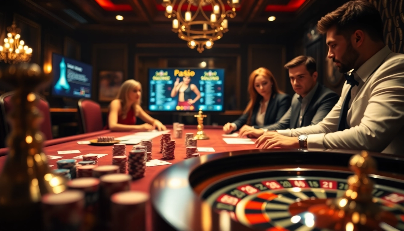 Exciting casino atmosphere at mb66 with poker players engaged at a vibrant roulette table.