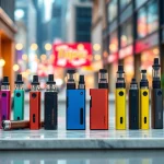 Showcasing vibrant disposable vapes on a modern countertop, highlighting unique designs and textures.