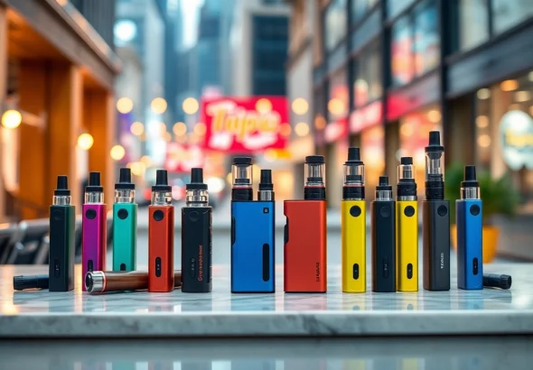 Showcasing vibrant disposable vapes on a modern countertop, highlighting unique designs and textures.