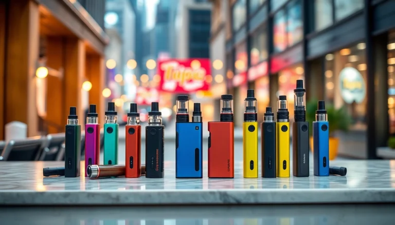 Showcasing vibrant disposable vapes on a modern countertop, highlighting unique designs and textures.